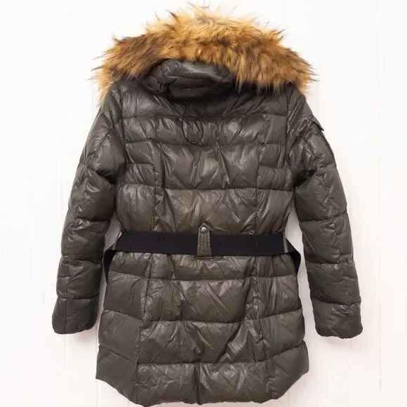 Women's Olive Puffer Jacket with Faux Fur Hood - Picture 5 of 16